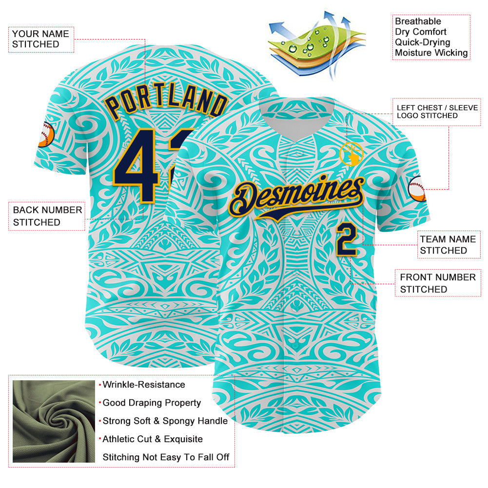 Custom Ice Blue Navy-Gold 3D Pattern Design Burner Costumes Tribal Tattoo Authentic Baseball Jersey view 3