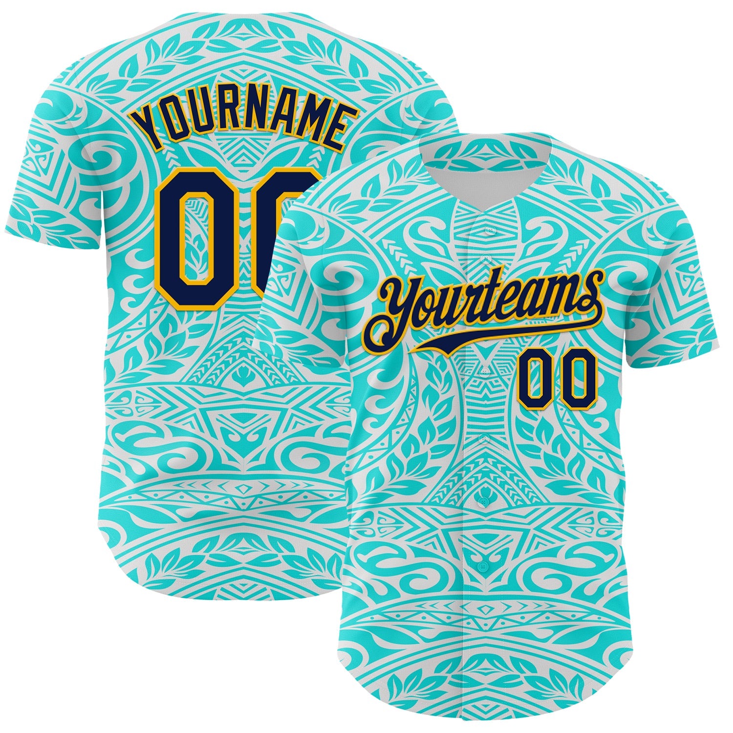 Custom Ice Blue Navy-Gold 3D Pattern Design Burner Costumes Tribal Tattoo Authentic Baseball Jersey - Main View