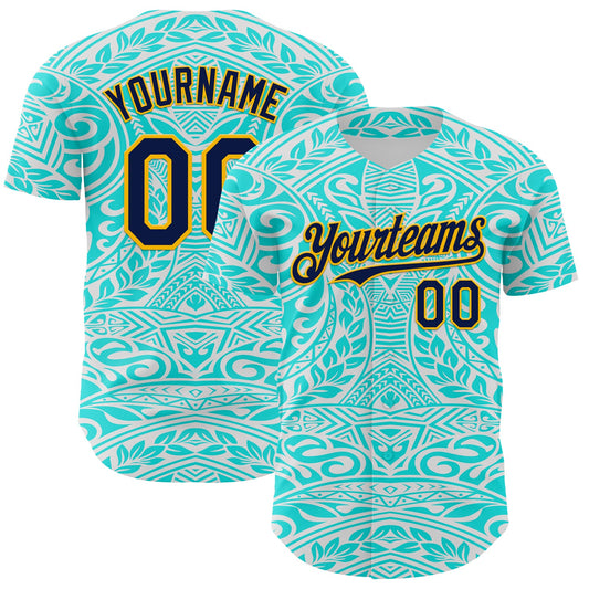 Custom Ice Blue Navy-Gold 3D Pattern Design Burner Costumes Tribal Tattoo Authentic Baseball Jersey - Main View