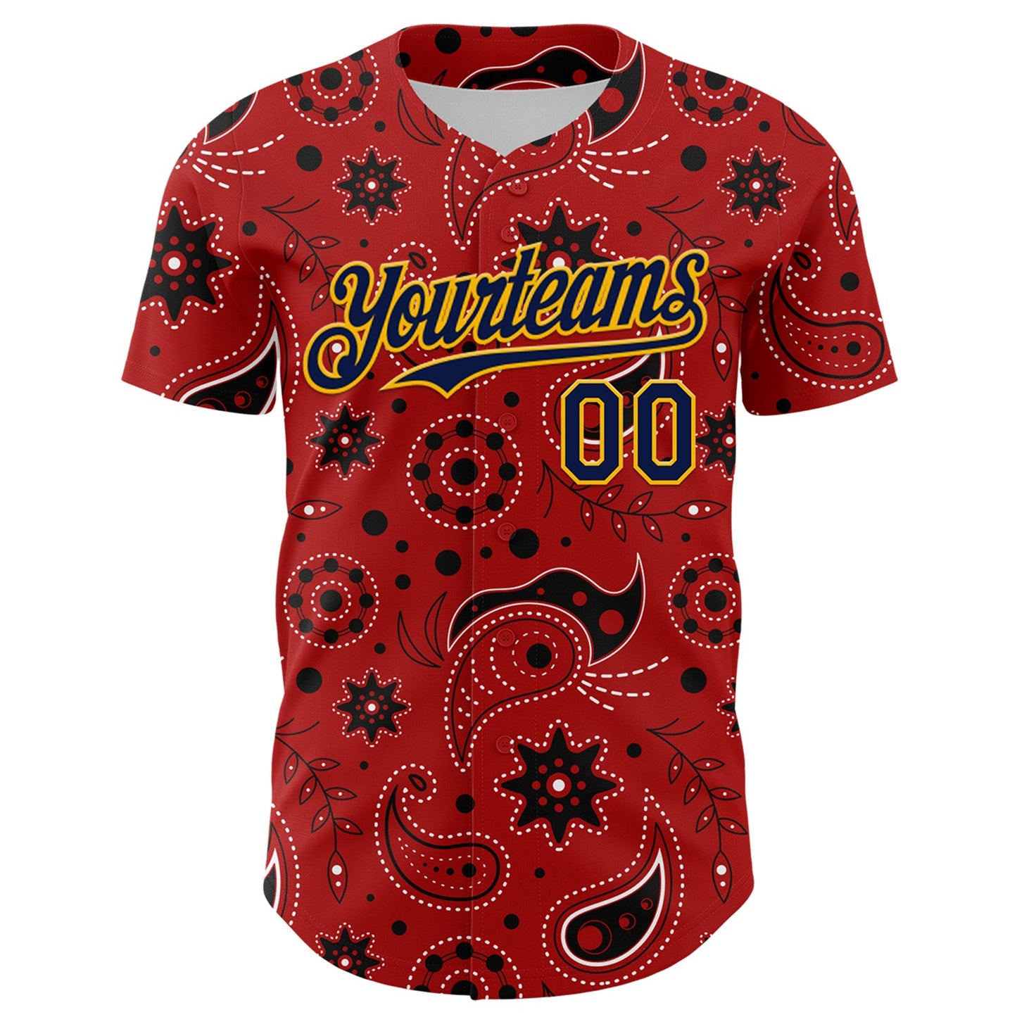 Custom Red Navy-Gold 3D Pattern Design Burner Costumes Paisley Bandana Authentic Baseball Jersey view 2