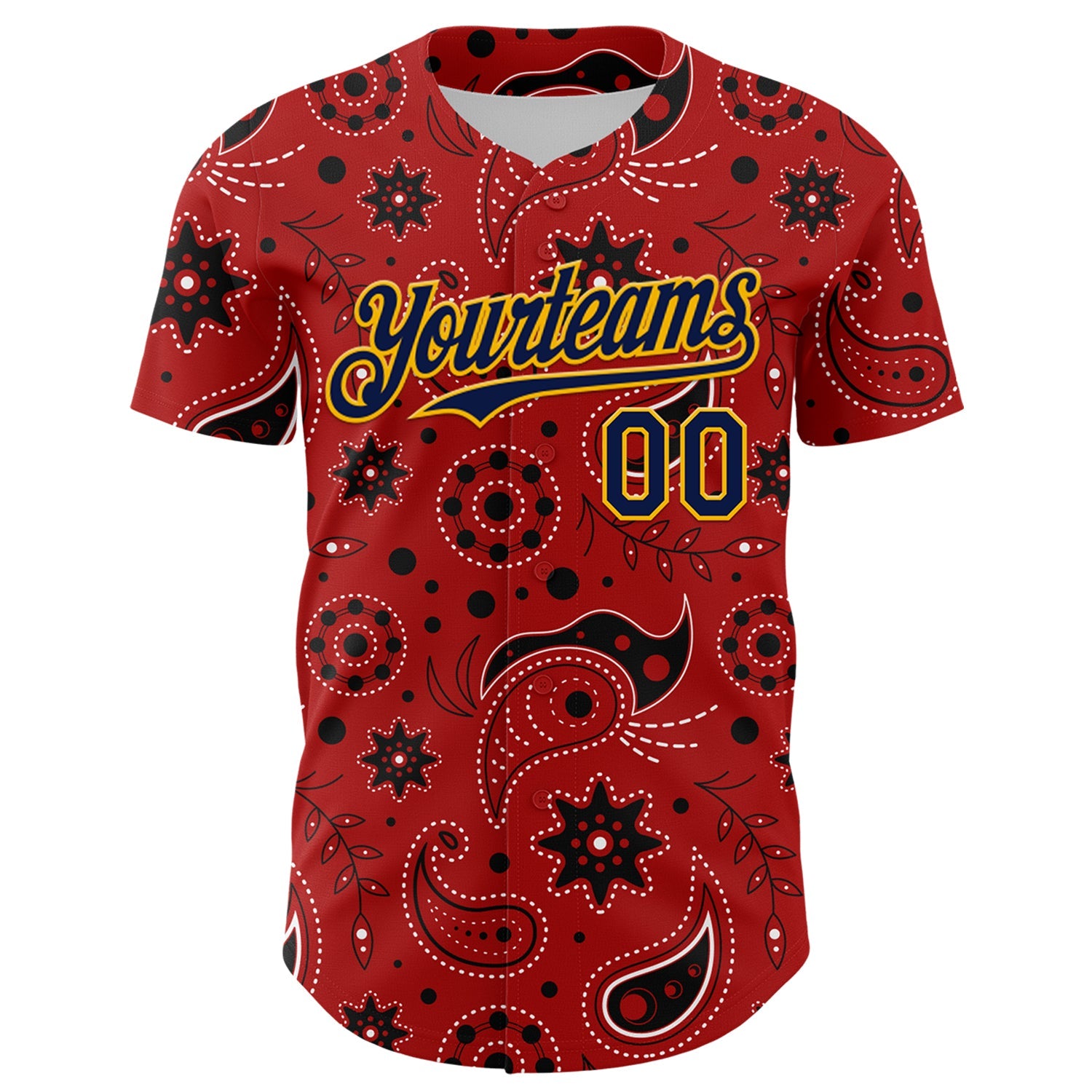 Custom Red Navy-Gold 3D Pattern Design Burner Costumes Paisley Bandana Authentic Baseball Jersey view 2