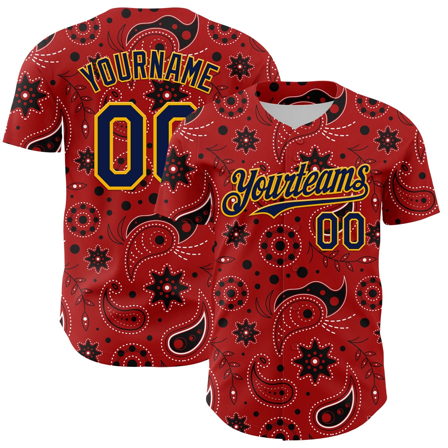 Custom Red Navy-Gold 3D Pattern Design Burner Costumes Paisley Bandana Authentic Baseball Jersey - Main View