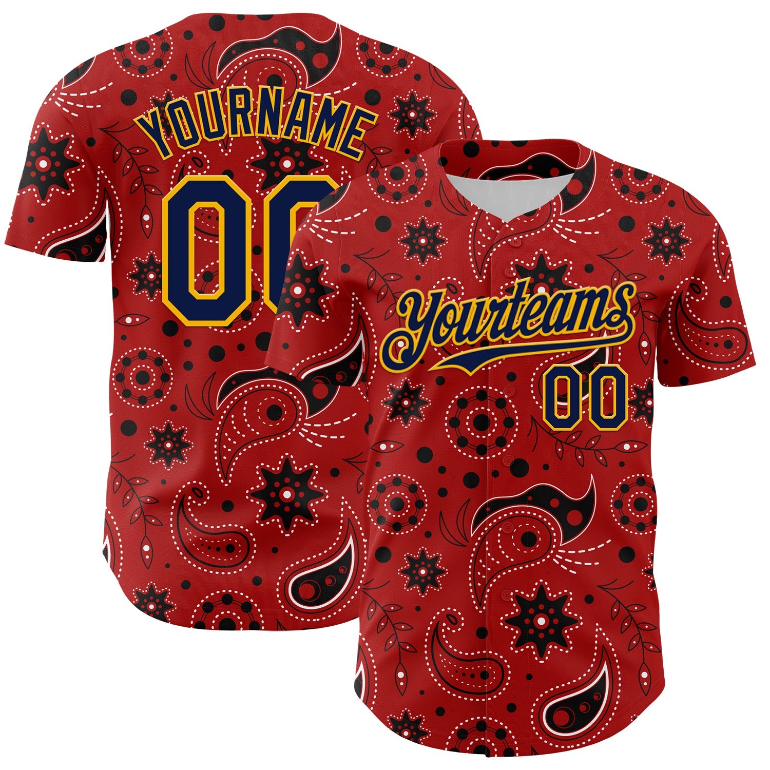 Custom Red Navy-Gold 3D Pattern Design Burner Costumes Paisley Bandana Authentic Baseball Jersey - Main View