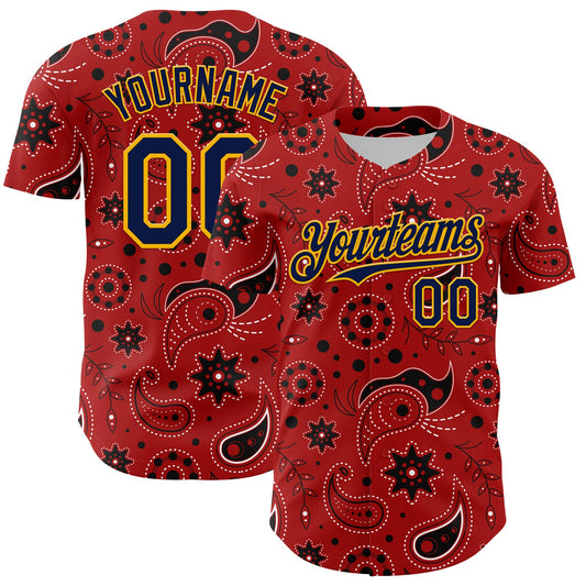 Custom Red Navy-Gold 3D Pattern Design Burner Costumes Paisley Bandana Authentic Baseball Jersey - Main View