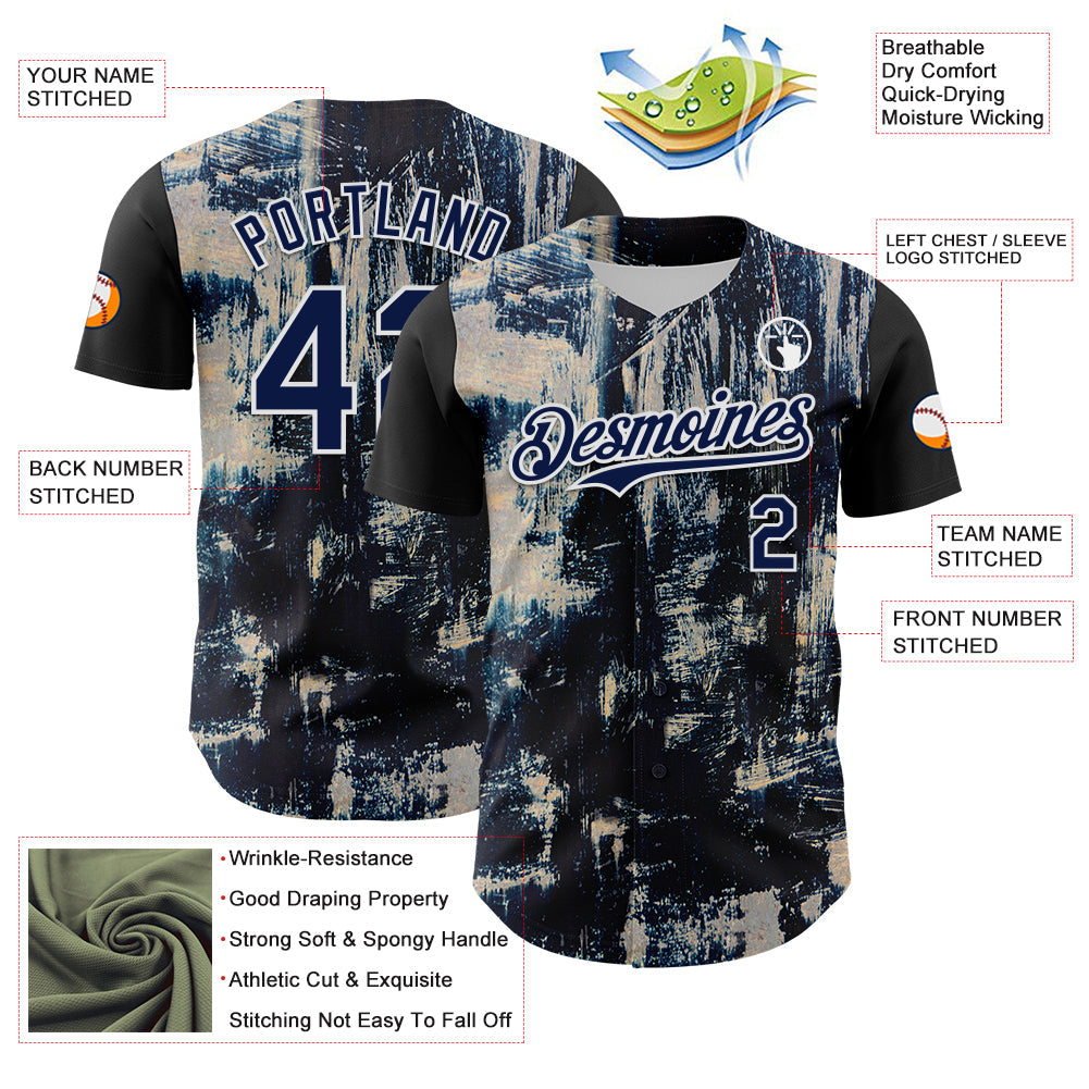 Custom Black Navy-White 3D Pattern Design Burner Costumes Grungy Authentic Baseball Jersey view 3