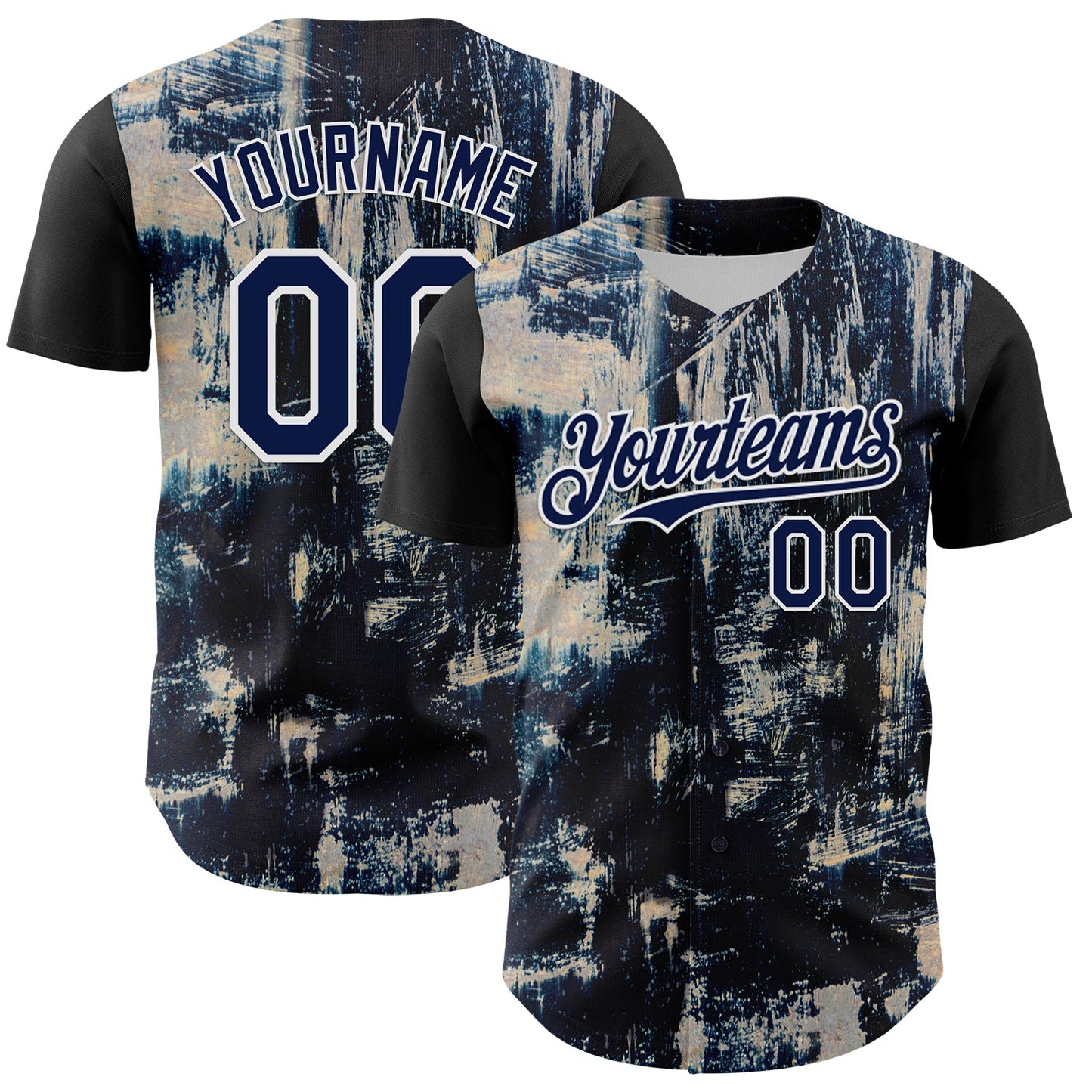 Custom Black Navy-White 3D Pattern Design Burner Costumes Grungy Authentic Baseball Jersey - Main View