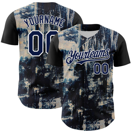 Custom Black Navy-White 3D Pattern Design Burner Costumes Grungy Authentic Baseball Jersey - Main View