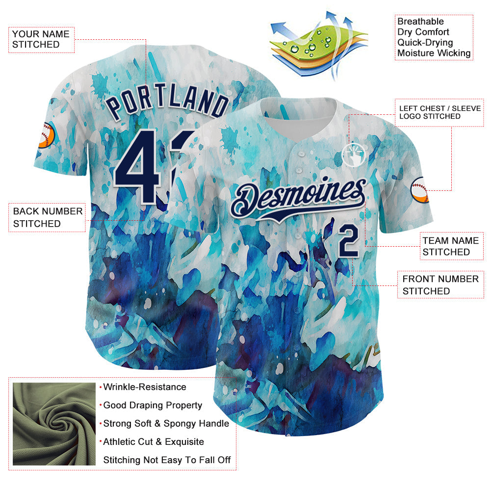 Custom White Navy 3D Pattern Design Burner Costumes Watercolor Paint Authentic Baseball Jersey view 3