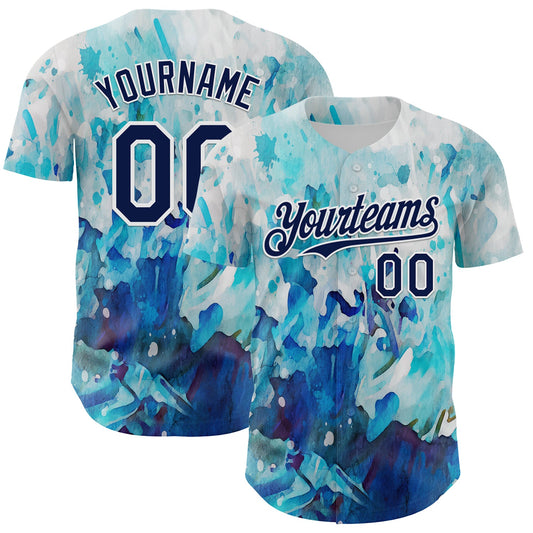 Custom White Navy 3D Pattern Design Burner Costumes Watercolor Paint Authentic Baseball Jersey - Main View