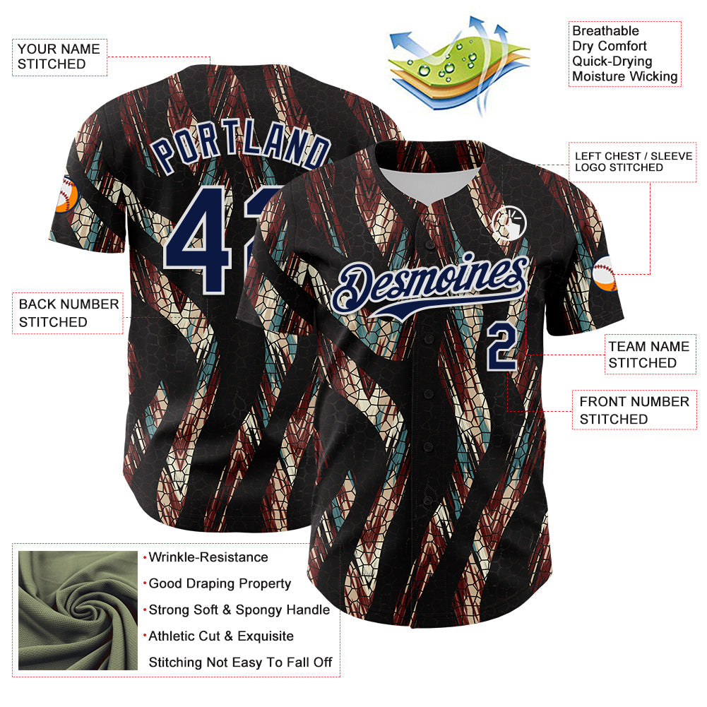 Custom Black Navy-White 3D Pattern Design Burner Costumes Animal Print Authentic Baseball Jersey view 3
