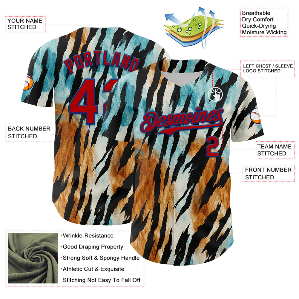 Custom Black Red-Royal 3D Pattern Design Burner Costumes Zebra Print Authentic Baseball Jersey view 3