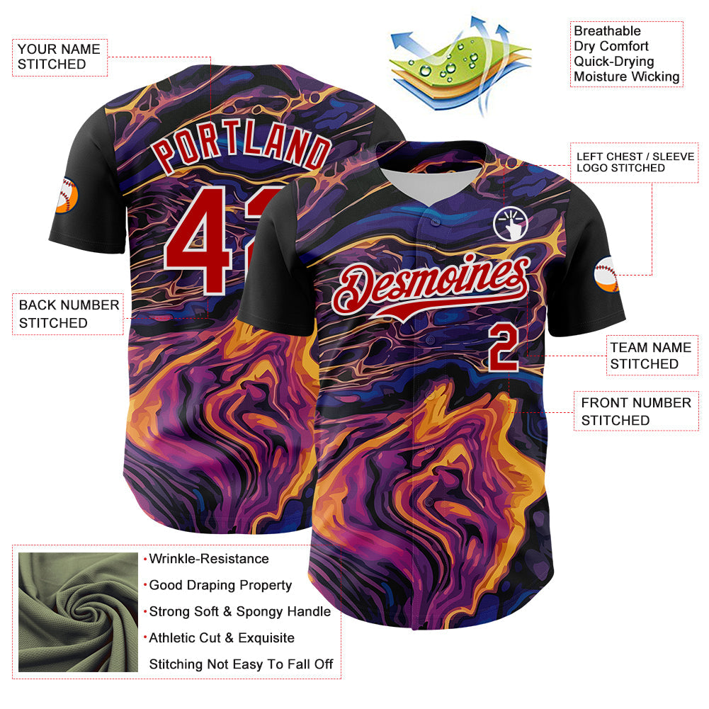 Custom Purple Red-White 3D Pattern Design Burner Costumes Lava Authentic Baseball Jersey view 3