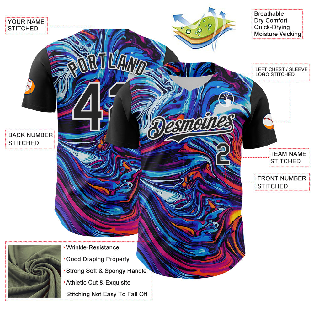 Custom Black White 3D Pattern Design Burner Costumes Lava Authentic Baseball Jersey view 3