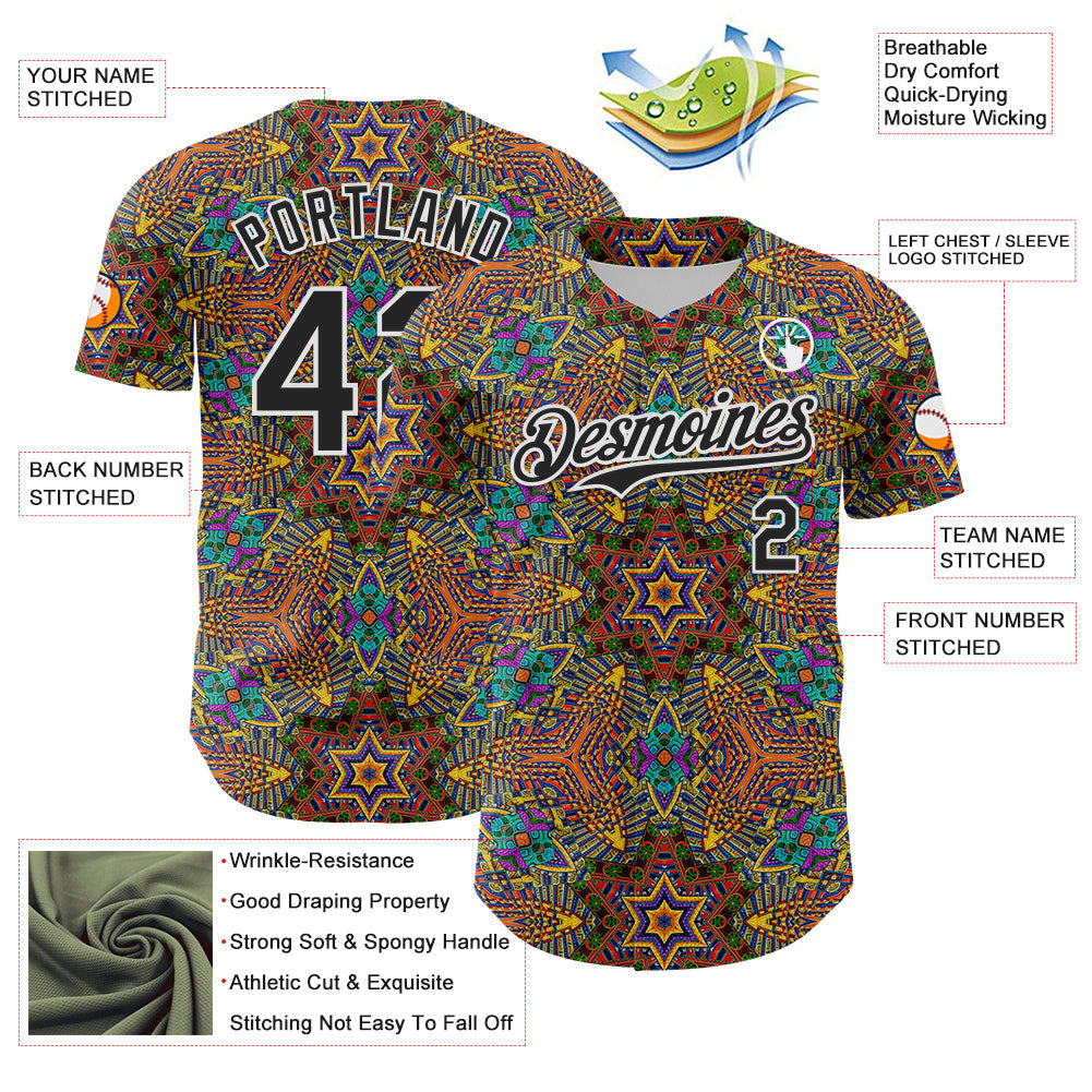 Custom Gold Black-White 3D Pattern Design Burner Costumes Trippy Authentic Baseball Jersey view 3