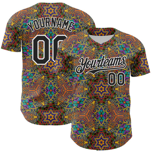 Custom Gold Black-White 3D Pattern Design Burner Costumes Trippy Authentic Baseball Jersey - Main View