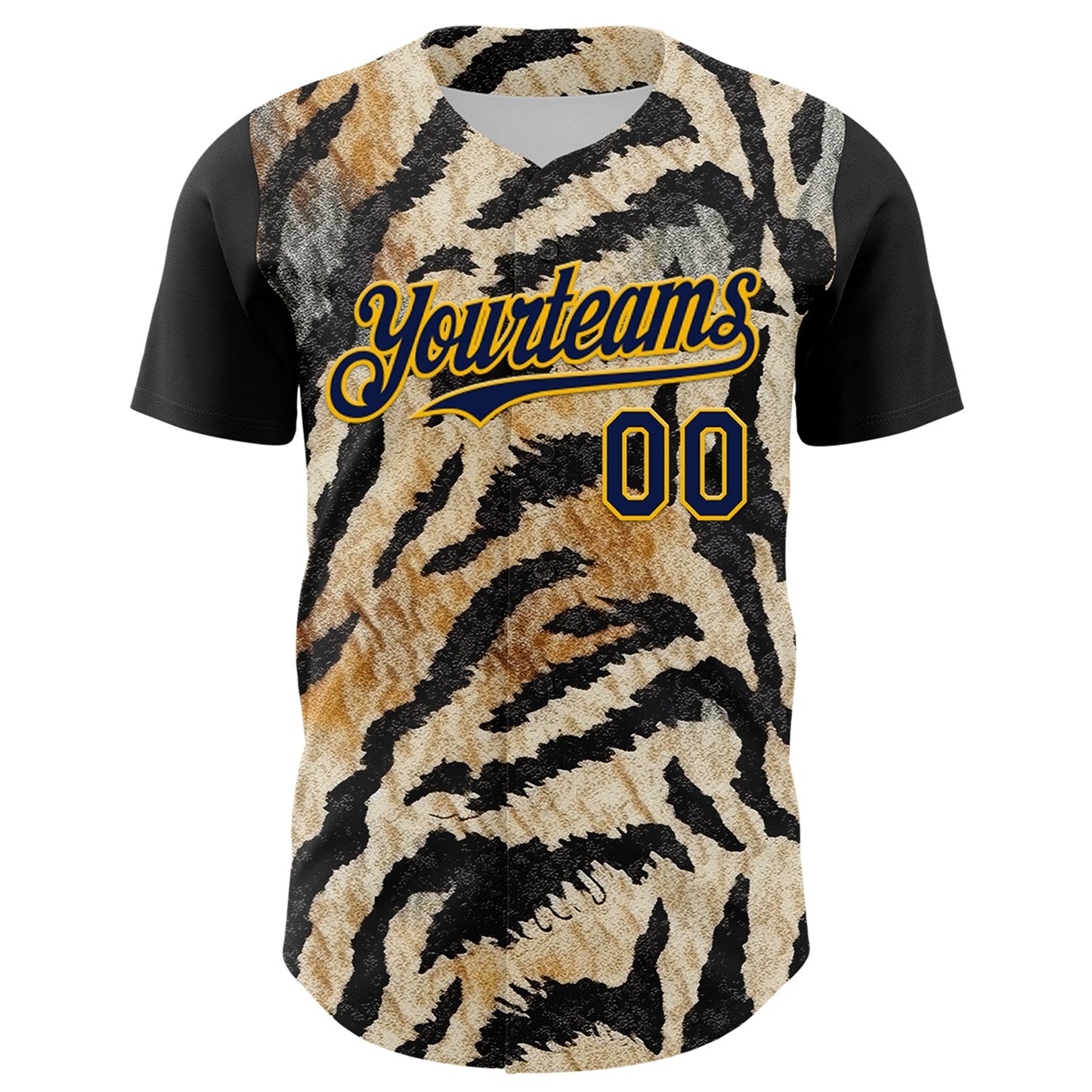 Custom Black Navy-Gold 3D Pattern Design Burner Costumes Tiger Print Authentic Baseball Jersey view 2