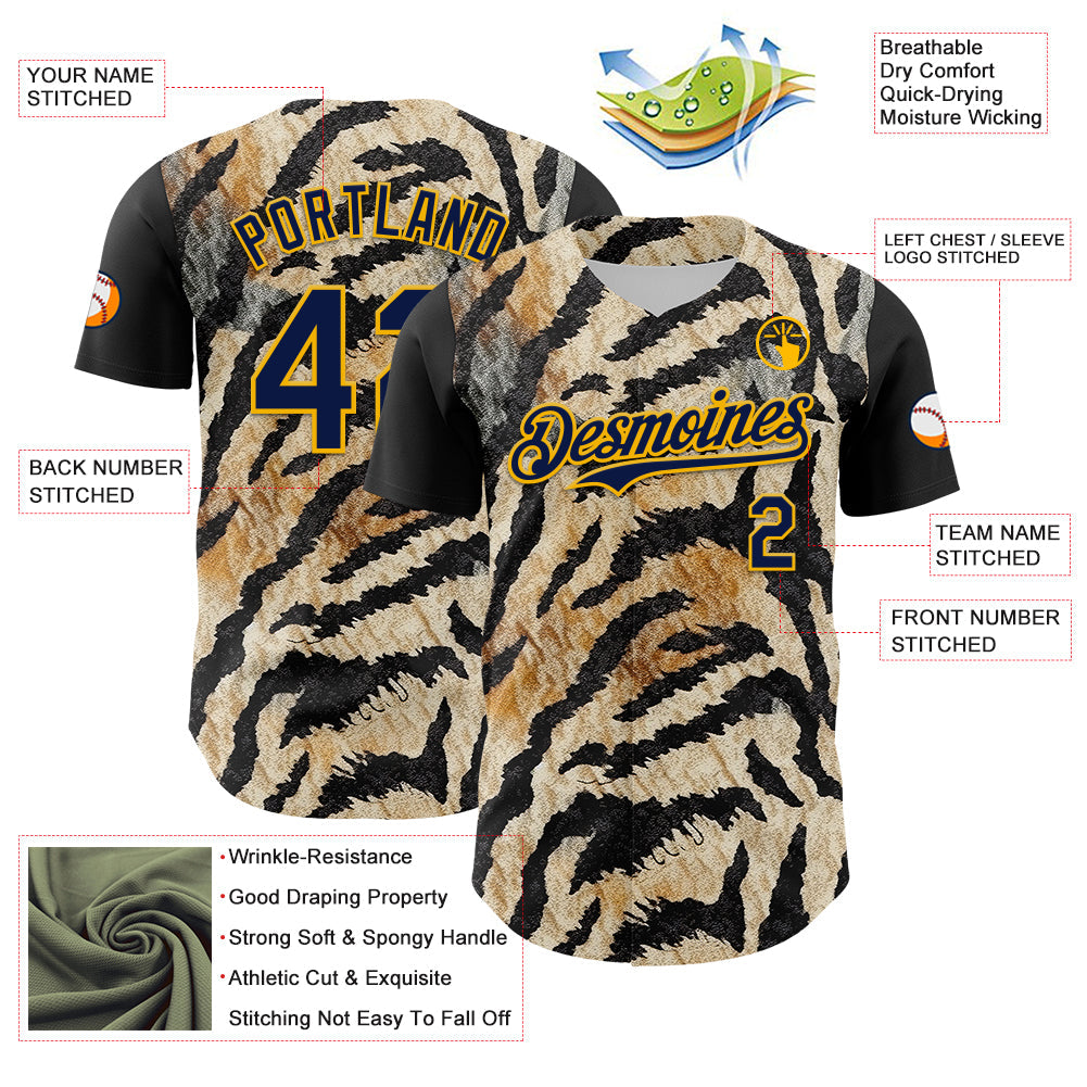 Custom Black Navy-Gold 3D Pattern Design Burner Costumes Tiger Print Authentic Baseball Jersey view 3