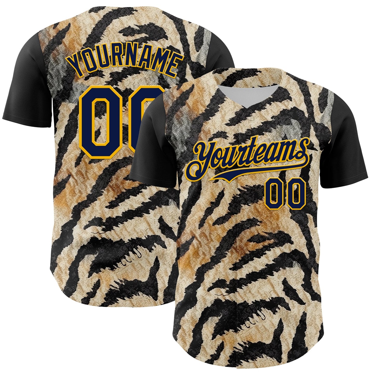 Custom Black Navy-Gold 3D Pattern Design Burner Costumes Tiger Print Authentic Baseball Jersey - Main View