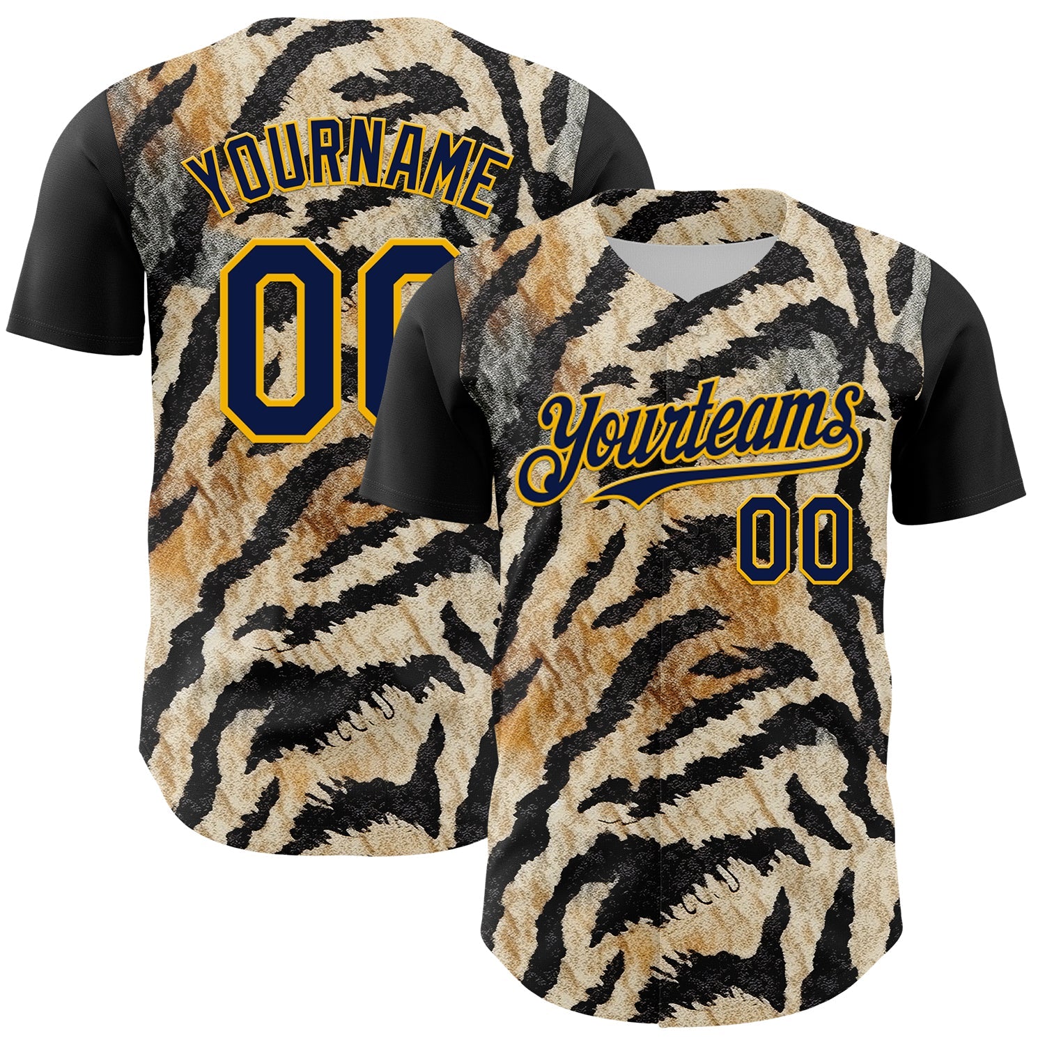 Custom Black Navy-Gold 3D Pattern Design Burner Costumes Tiger Print Authentic Baseball Jersey - Main View
