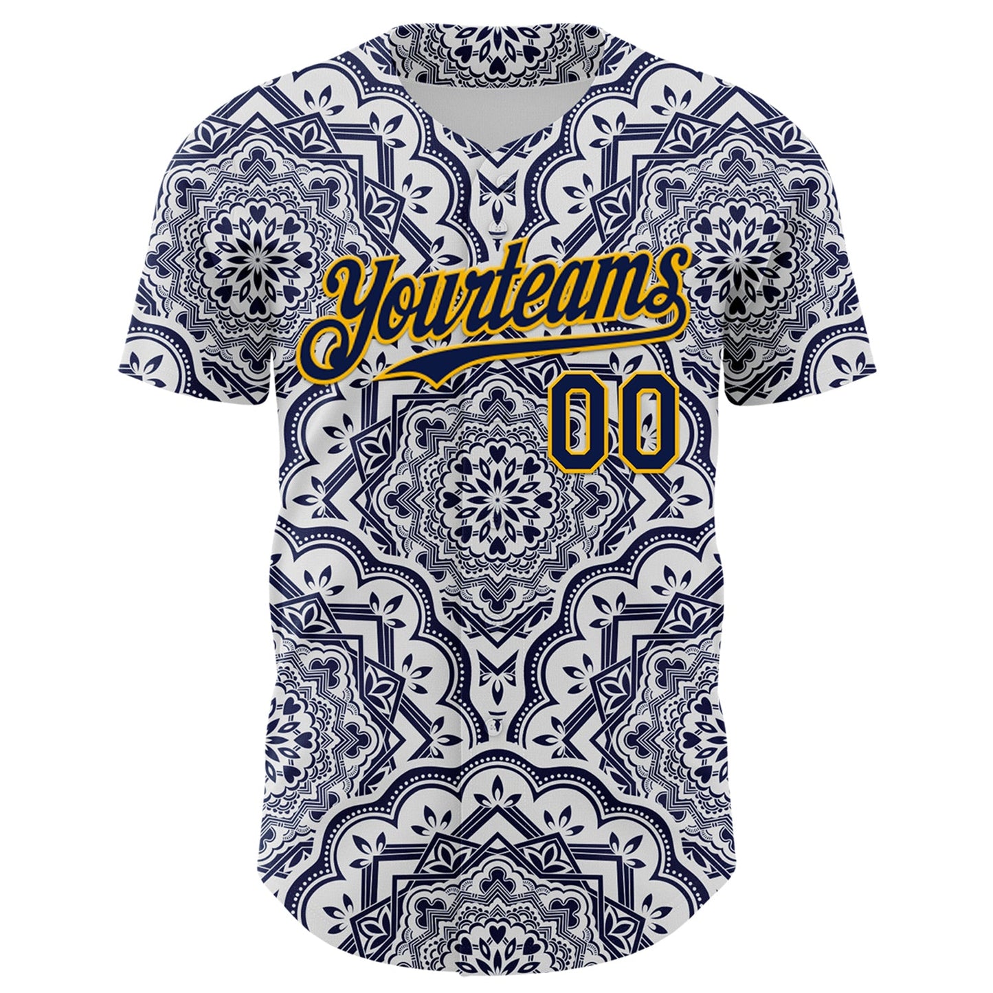 Custom Navy Gold 3D Pattern Design Burner Costumes Damask Authentic Baseball Jersey view 2