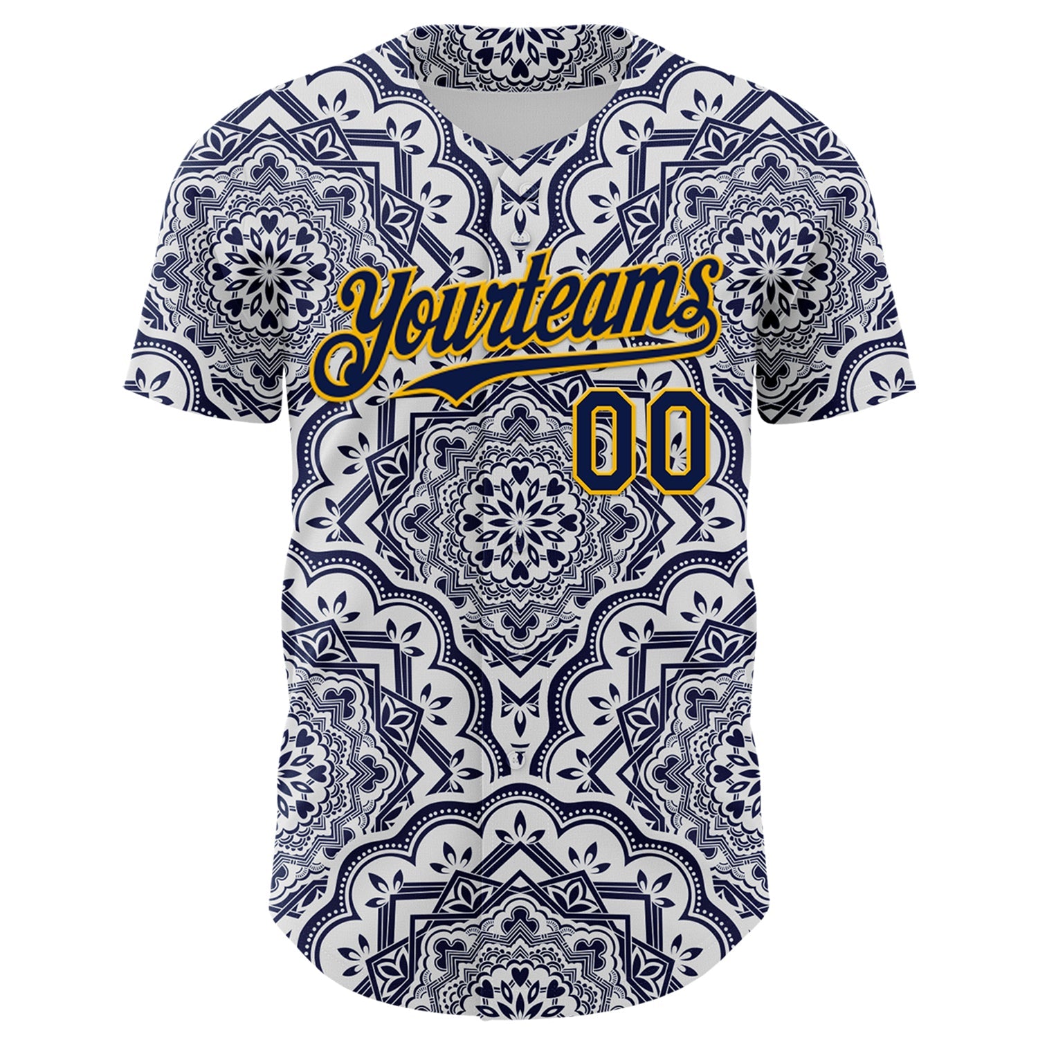 Custom Navy Gold 3D Pattern Design Burner Costumes Damask Authentic Baseball Jersey view 2