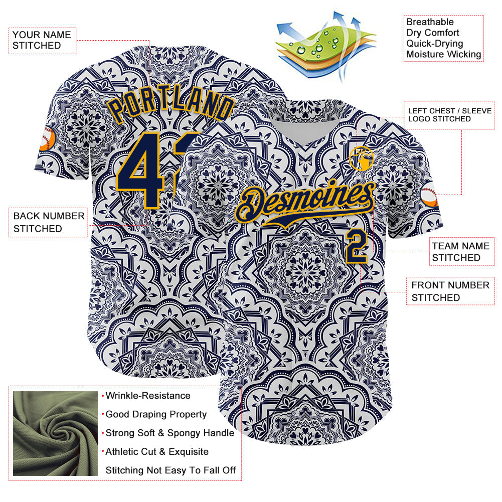 Custom Navy Gold 3D Pattern Design Burner Costumes Damask Authentic Baseball Jersey view 3