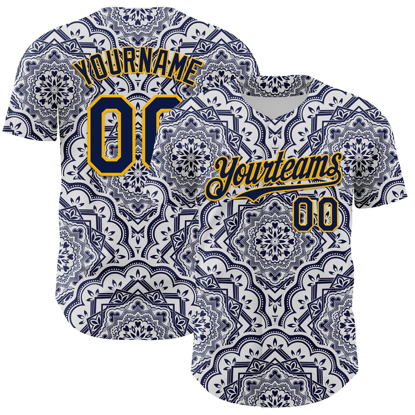 Custom Navy Gold 3D Pattern Design Burner Costumes Damask Authentic Baseball Jersey - Main View