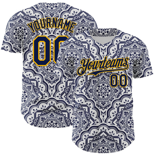 Custom Navy Gold 3D Pattern Design Burner Costumes Damask Authentic Baseball Jersey - Main View