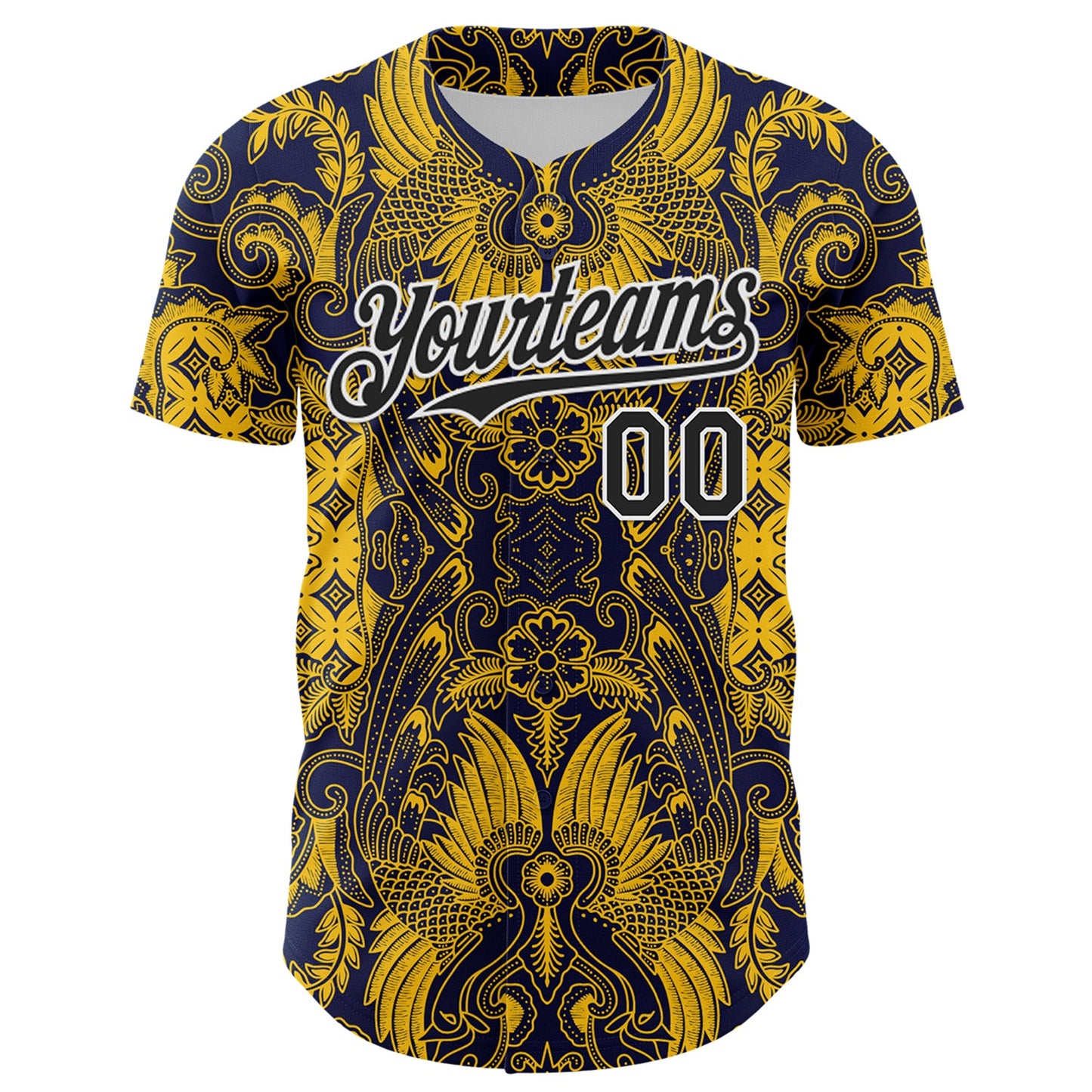 Custom Navy Black Yellow-White 3D Pattern Design Burner Costumes Paisley Authentic Baseball Jersey view 2