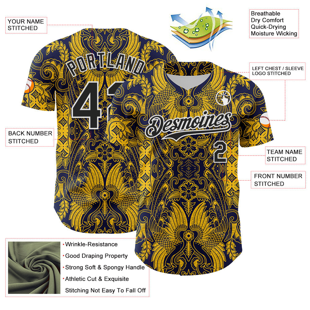 Custom Navy Black Yellow-White 3D Pattern Design Burner Costumes Paisley Authentic Baseball Jersey view 3