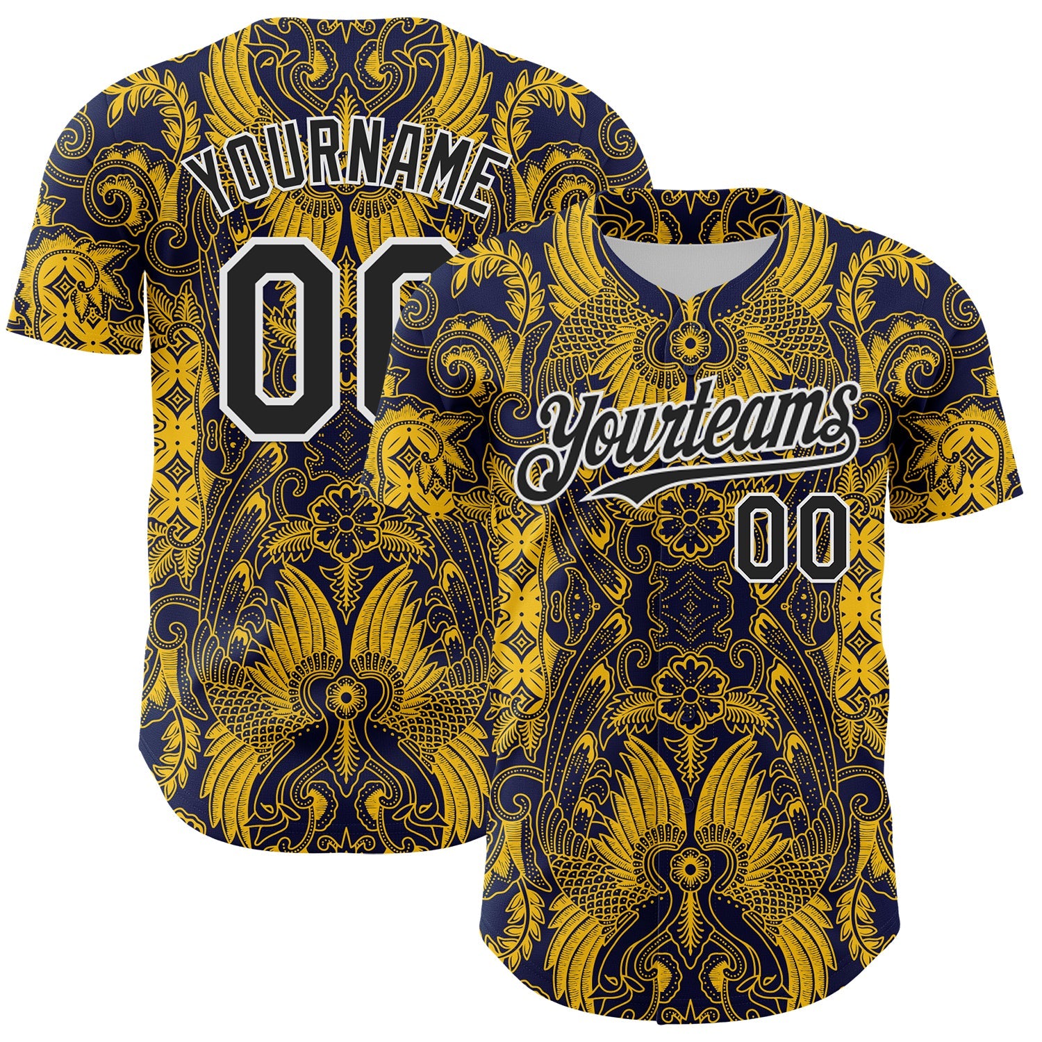 Custom Navy Black Yellow-White 3D Pattern Design Burner Costumes Paisley Authentic Baseball Jersey - Main View