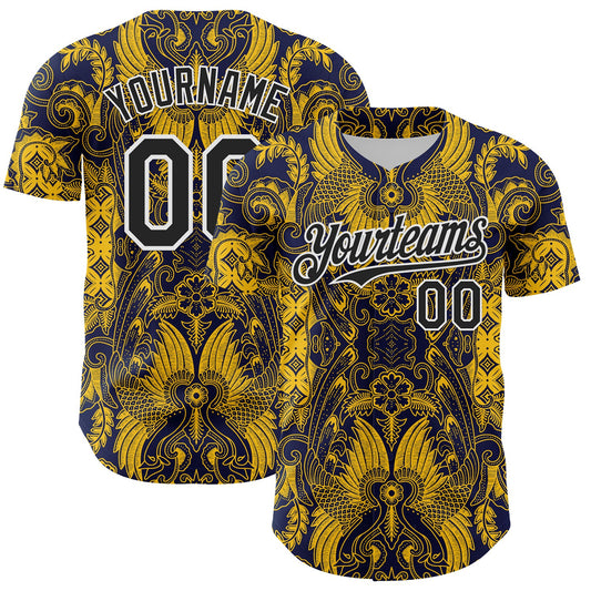 Custom Navy Black Yellow-White 3D Pattern Design Burner Costumes Paisley Authentic Baseball Jersey - Main View