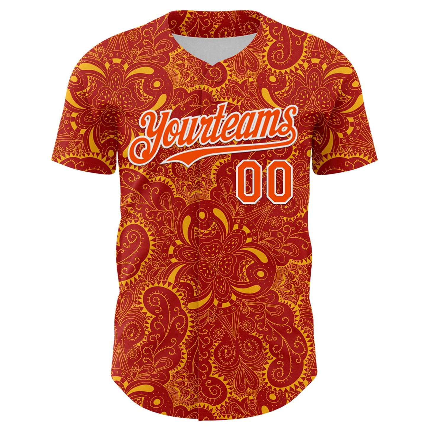 Custom Red Orange Gold-White 3D Pattern Design Burner Costumes Paisley Authentic Baseball Jersey view 2