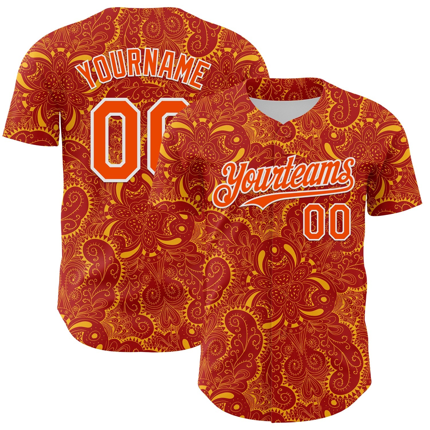 Custom Red Orange Gold-White 3D Pattern Design Burner Costumes Paisley Authentic Baseball Jersey - Main View