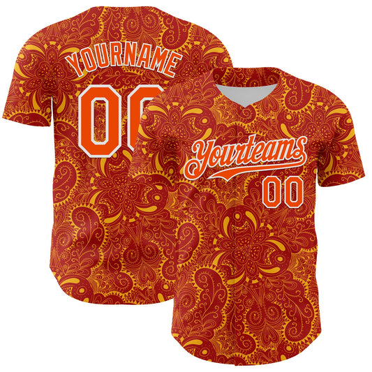 Custom Red Orange Gold-White 3D Pattern Design Burner Costumes Paisley Authentic Baseball Jersey - Main View