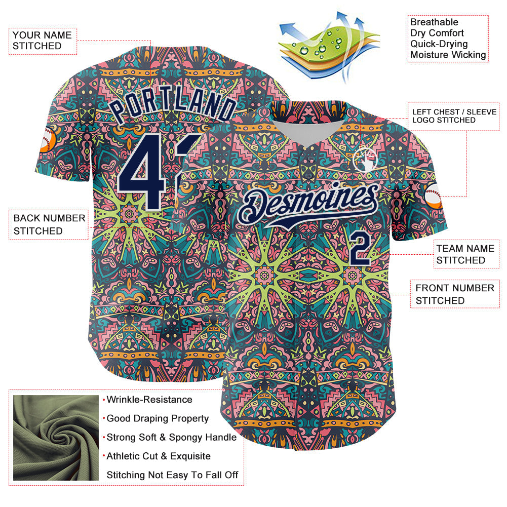 Custom Green Navy-White 3D Pattern Design Burner Costumes Psychedelic Authentic Baseball Jersey view 3