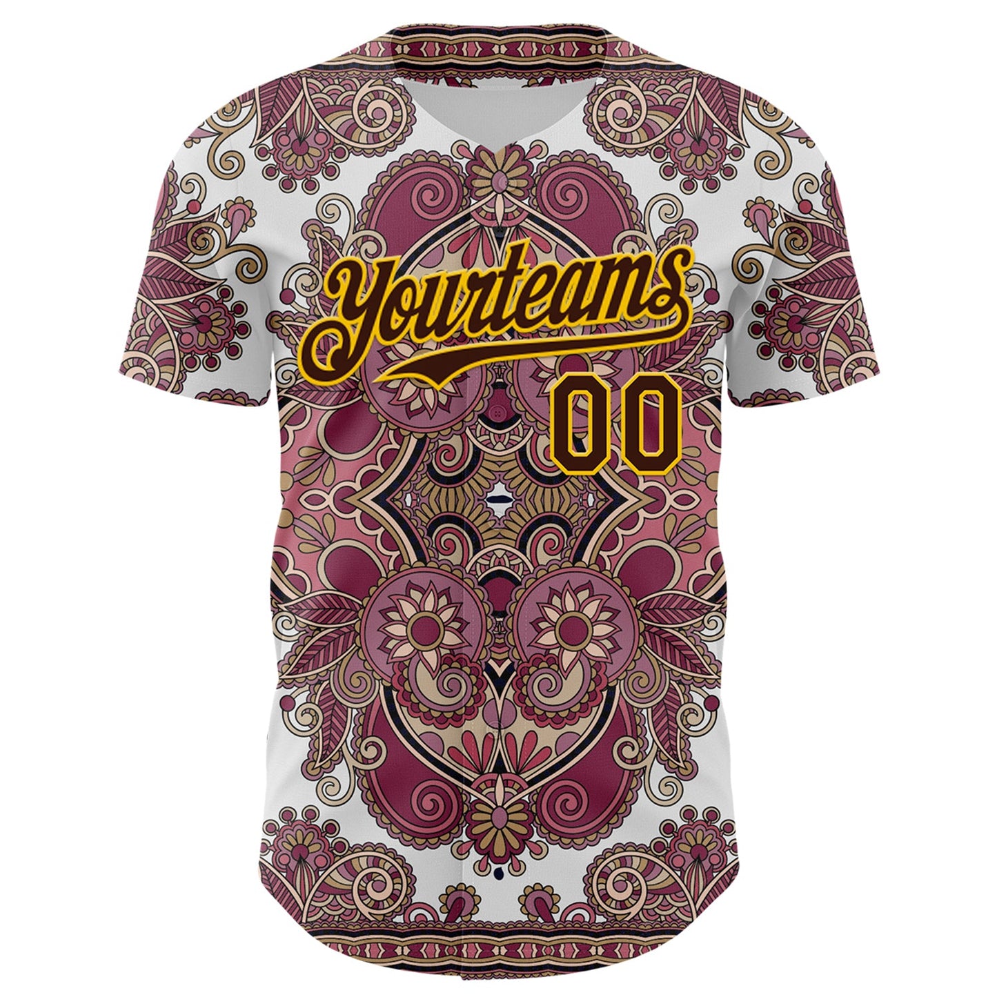 Custom White Brown Red-Yellow 3D Pattern Design Burner Costumes Exotic Authentic Baseball Jersey view 2