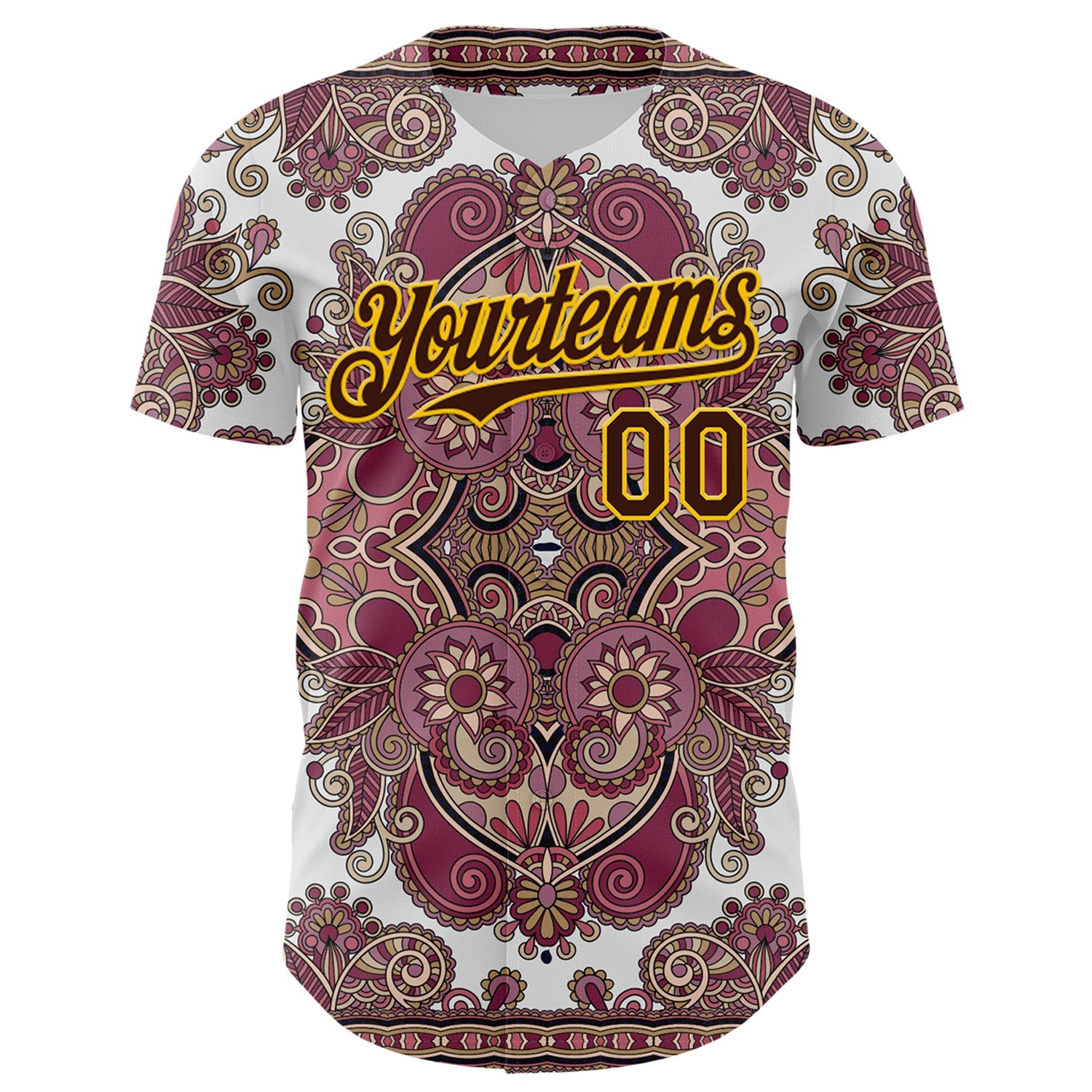 Custom White Brown Red-Yellow 3D Pattern Design Burner Costumes Exotic Authentic Baseball Jersey view 2