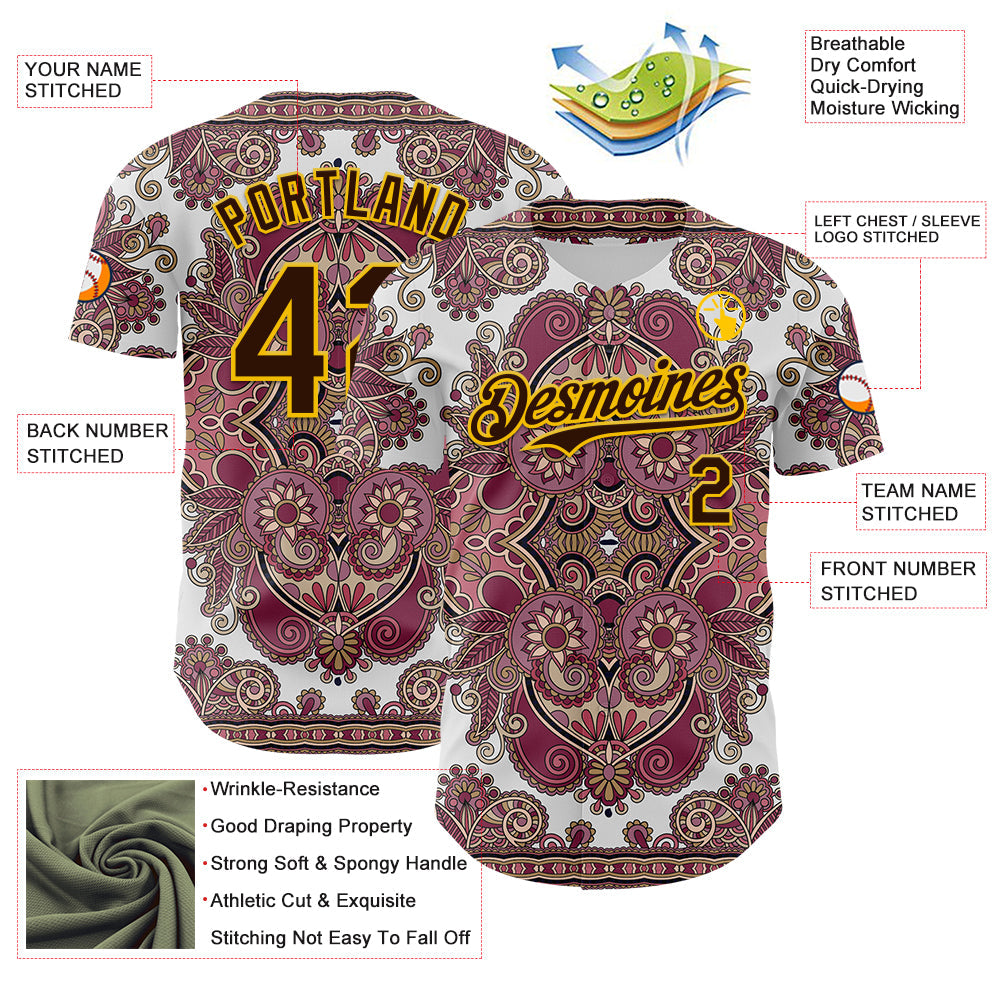 Custom White Brown Red-Yellow 3D Pattern Design Burner Costumes Exotic Authentic Baseball Jersey view 3