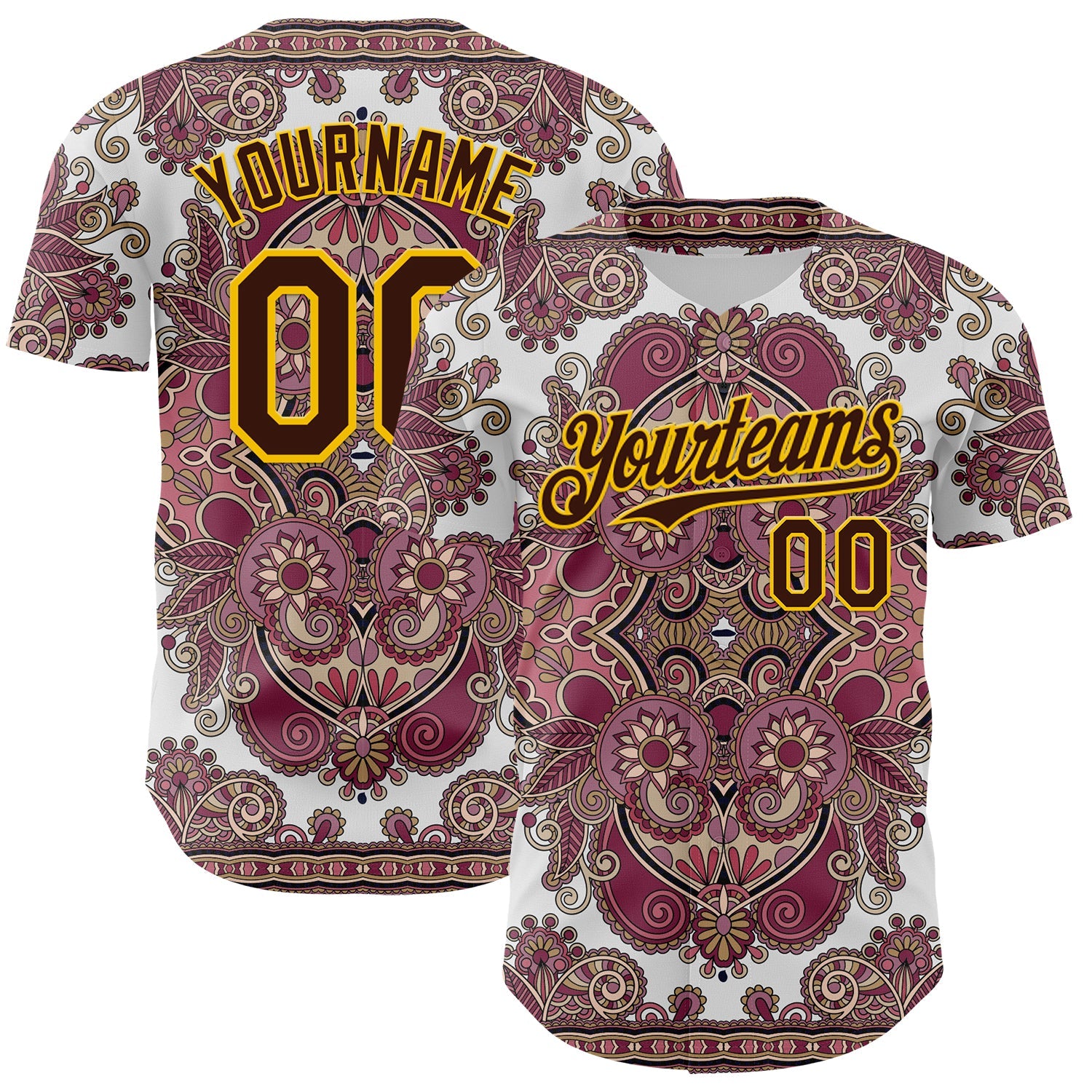 Custom White Brown Red-Yellow 3D Pattern Design Burner Costumes Exotic Authentic Baseball Jersey - Main View