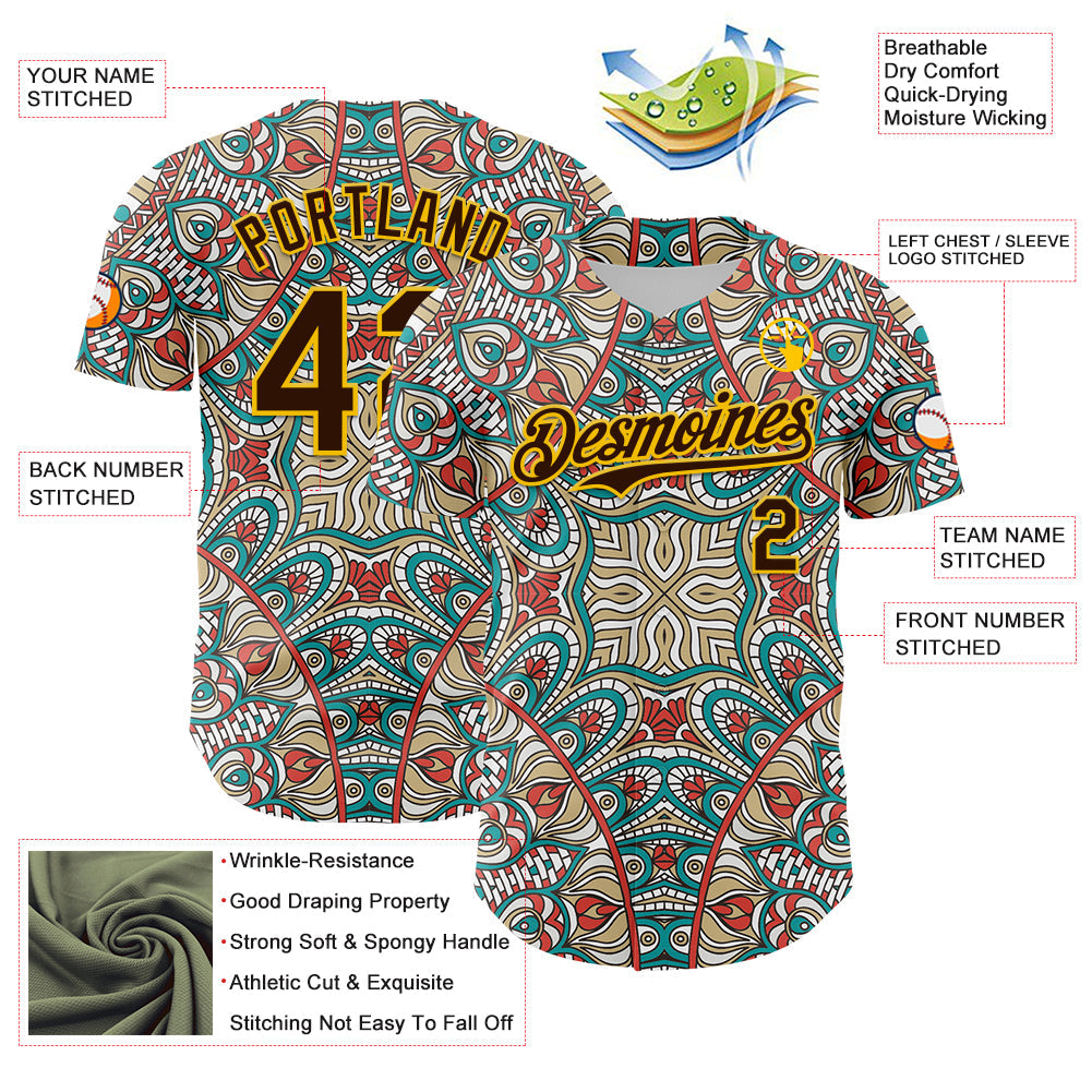 Custom Green Brown-Yellow 3D Pattern Design Burner Costumes Exotic Authentic Baseball Jersey view 3