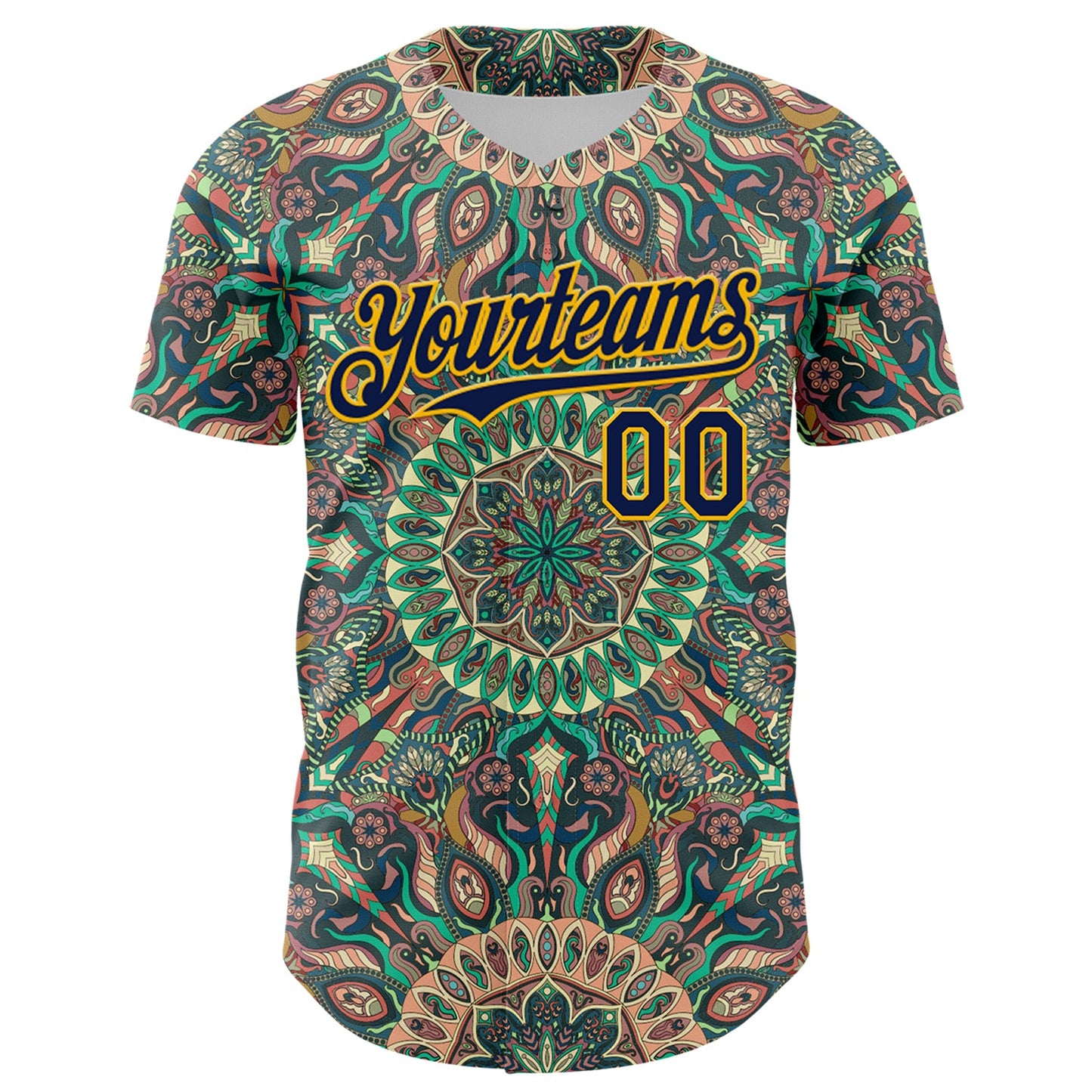 Custom Green Navy-Gold 3D Pattern Design Burner Costumes Psychedelic Authentic Baseball Jersey view 2