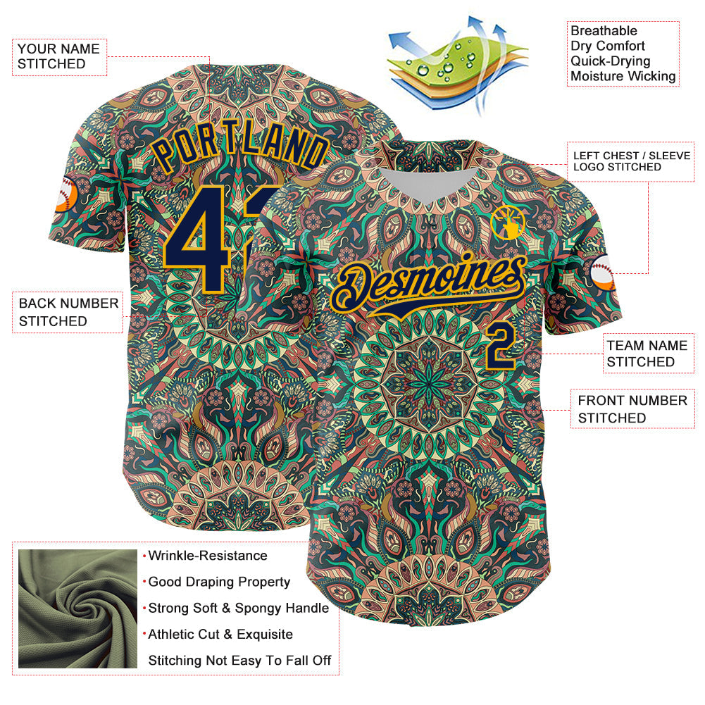 Custom Green Navy-Gold 3D Pattern Design Burner Costumes Psychedelic Authentic Baseball Jersey view 3