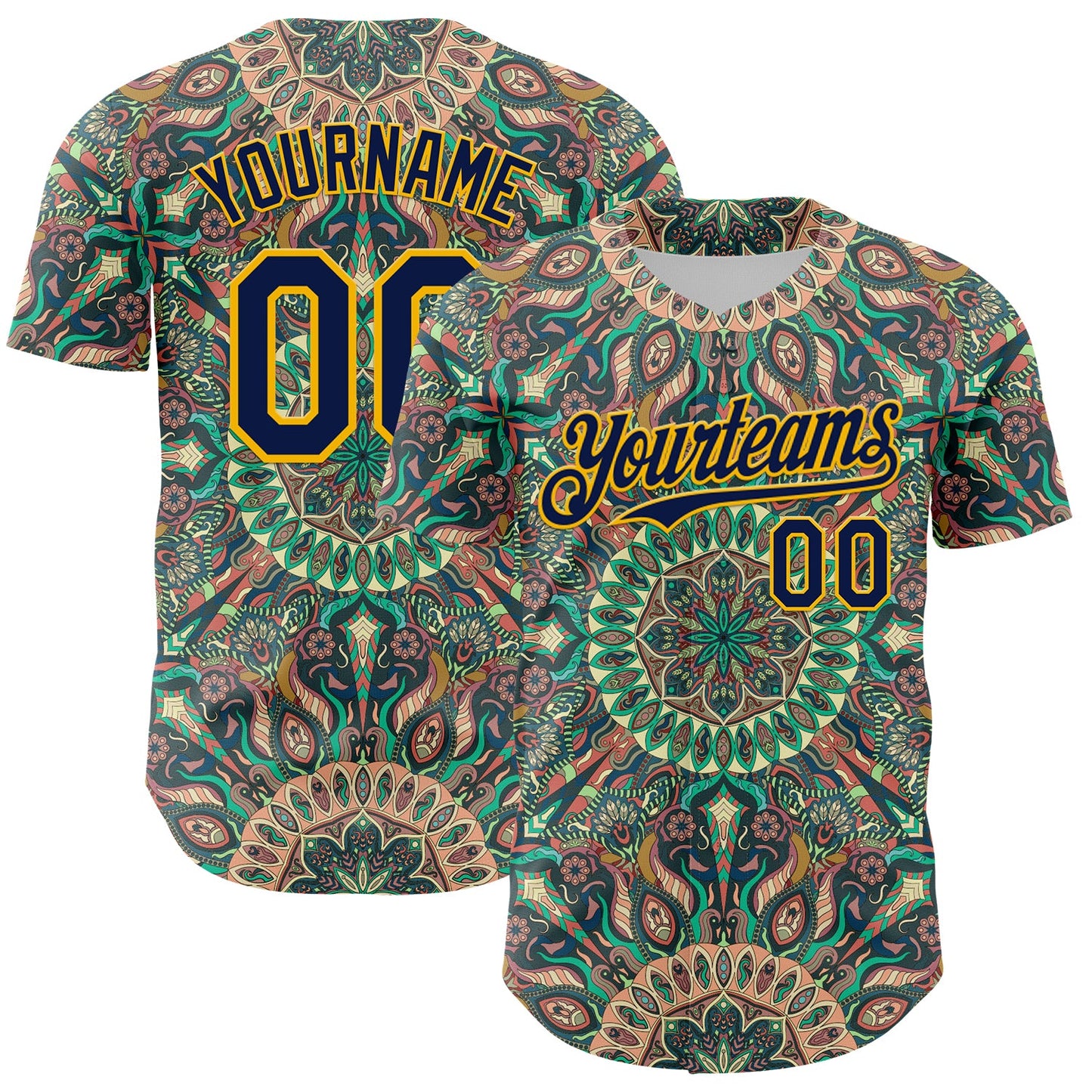 Custom Green Navy-Gold 3D Pattern Design Burner Costumes Psychedelic Authentic Baseball Jersey - Main View