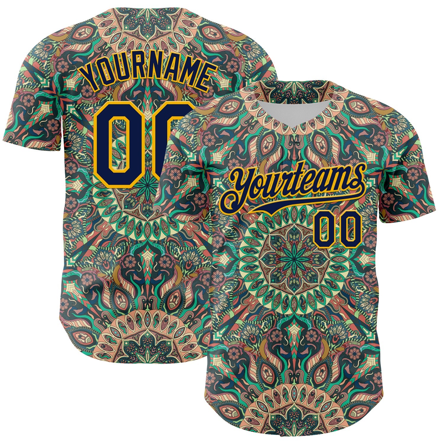 Custom Green Navy-Gold 3D Pattern Design Burner Costumes Psychedelic Authentic Baseball Jersey - Main View