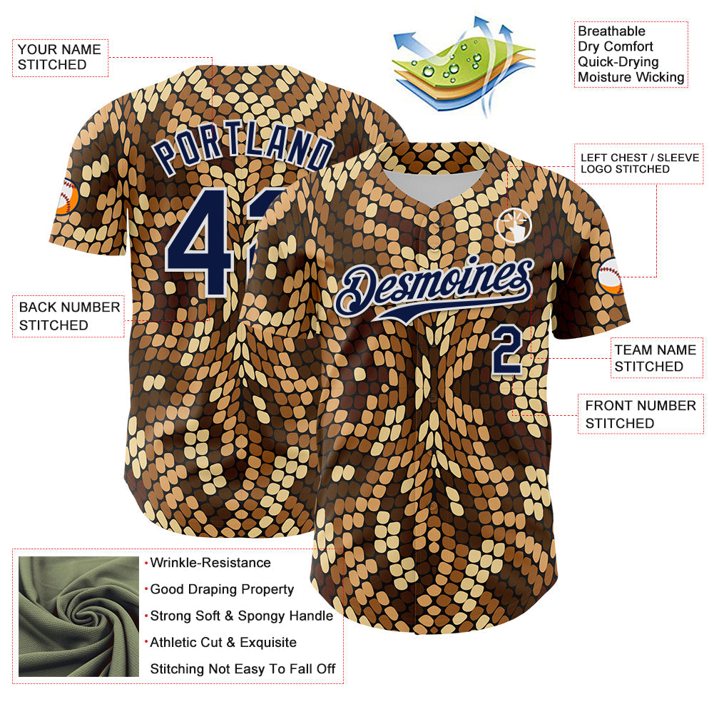 Custom Brown Navy-White 3D Pattern Design Burner Costumes Snake Print Authentic Baseball Jersey view 3