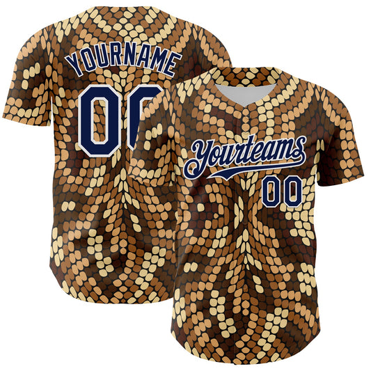 Custom Brown Navy-White 3D Pattern Design Burner Costumes Snake Print Authentic Baseball Jersey - Main View