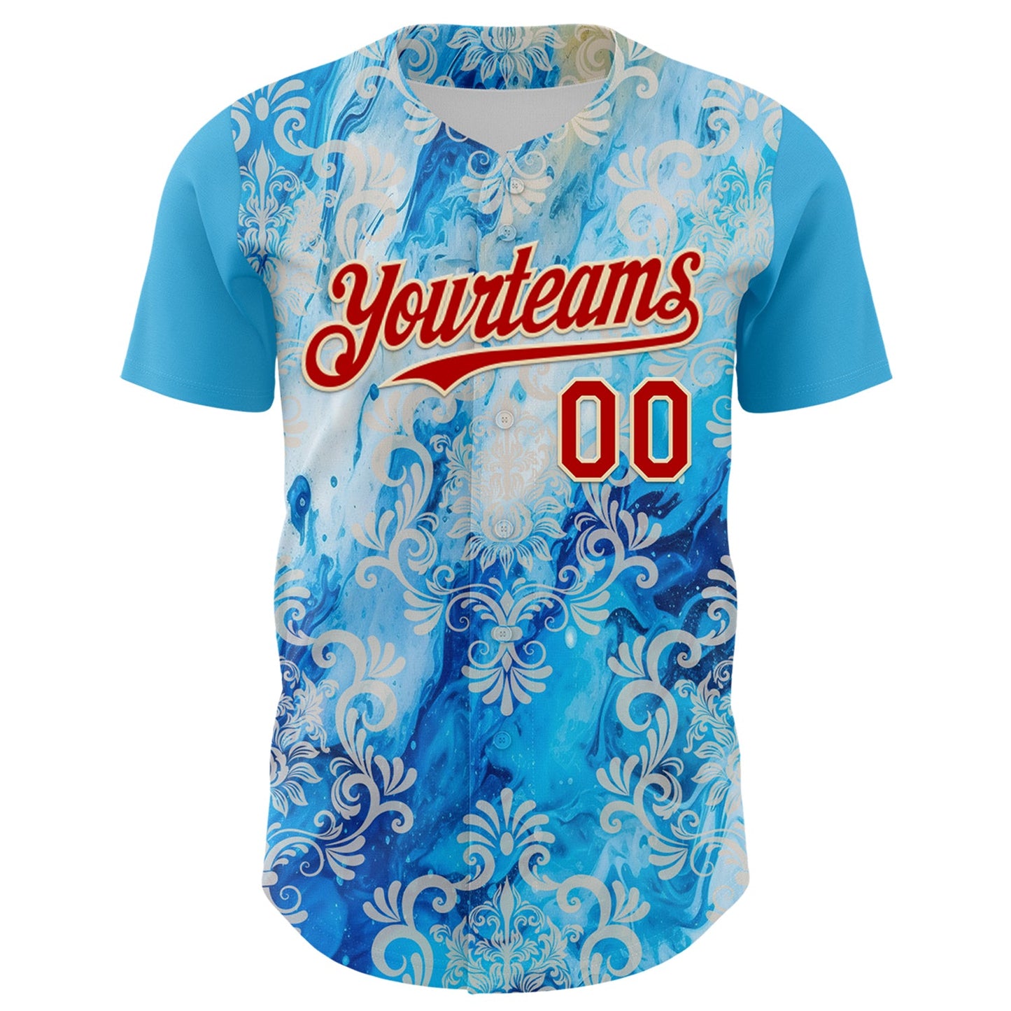 Custom Sky Blue Red-Cream 3D Pattern Design Burner Costumes Paisley Bandana Authentic Baseball Jersey view 2