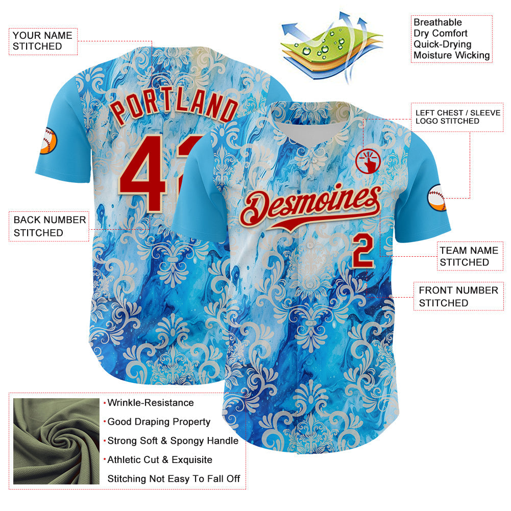 Custom Sky Blue Red-Cream 3D Pattern Design Burner Costumes Paisley Bandana Authentic Baseball Jersey view 3