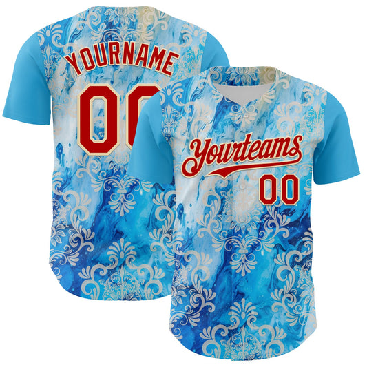 Custom Sky Blue Red-Cream 3D Pattern Design Burner Costumes Paisley Bandana Authentic Baseball Jersey - Main View